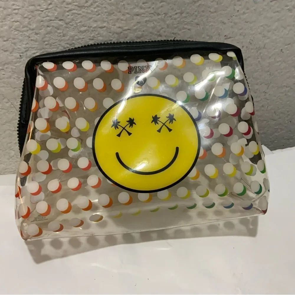 Victoria's Secret PINK Vacay Smiley Face Palm Trees Zipper Make-Up Bag Large